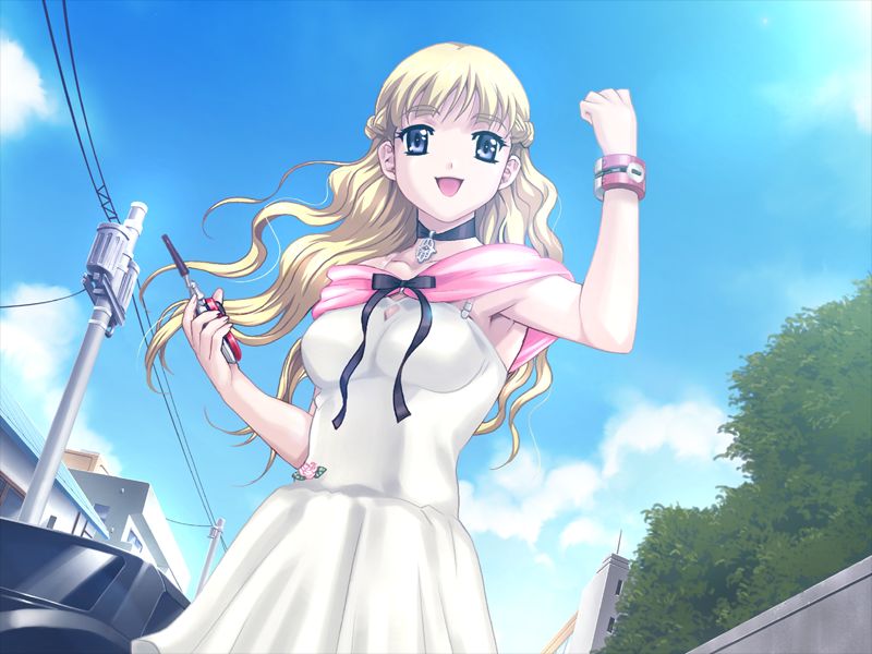 happoubi jin, tsukushino mitsugu, resort boin, game cg, 00s, 1girl, blonde hair, dress, female focus, long hair, sky, solo