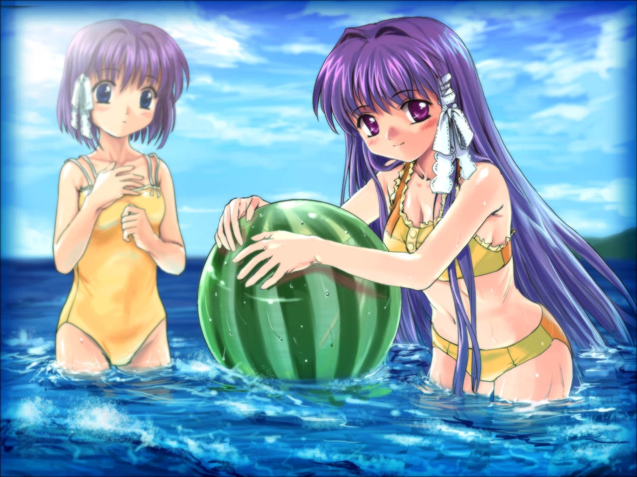 mutsuki (moonknives), fujibayashi kyou, fujibayashi ryou, clannad, key (company), 00s, 2girls, bikini, day, food, fruit, holding, holding food, holding fruit, holding watermelon, multiple girls, ocean, one-piece swimsuit, siblings, sisters, swimsuit, twins, watermelon