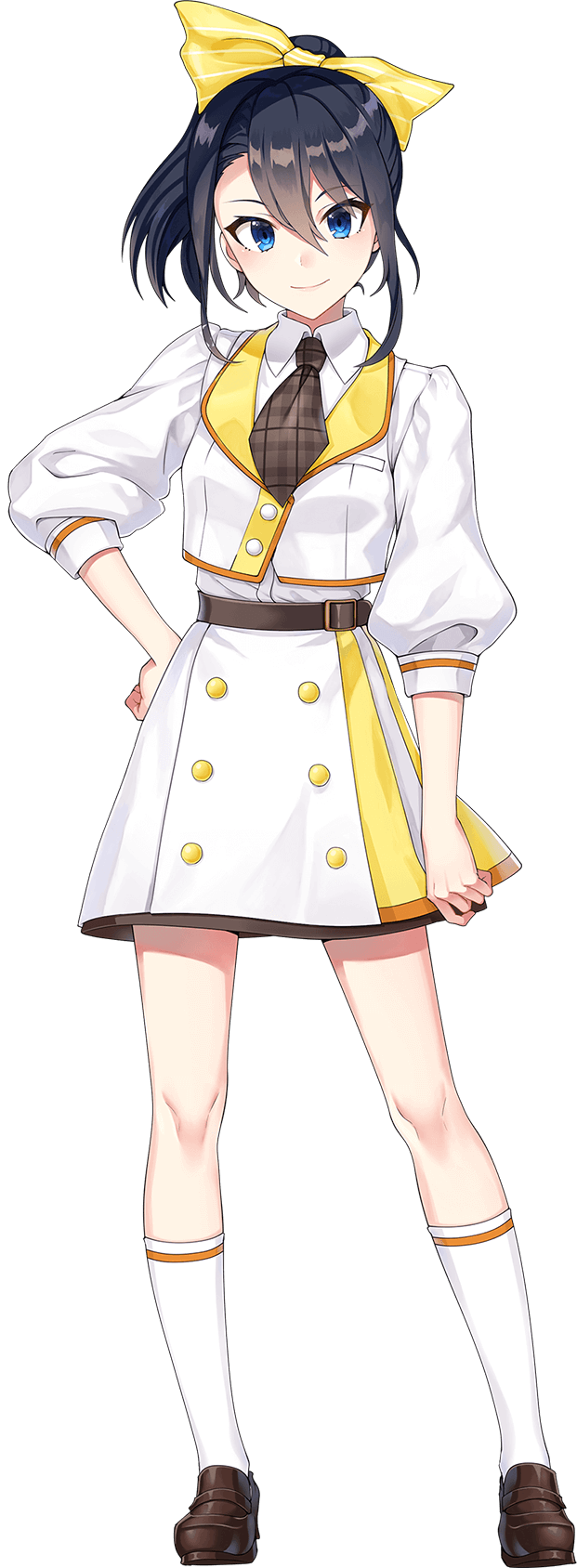 shirako miso, cue!, highres, official art, 1girl, anime coloring, belt, black hair, blue eyes, bow, brown belt, brown shoes, closed mouth, collared shirt, full body, hair between eyes, hair bow, hand on own hip, jacket, loafers, long hair, looking at viewer, multicolored jacket, ponytail, puffy short sleeves, puffy sleeves, shirt, shoes, short sleeves, sidelocks, simple background, skirt, smile, socks, solo, standing, tachi-e, transparent background, tsurime, two-tone jacket, two-tone skirt, white jacket, white shirt, white skirt, white socks, yellow bow
