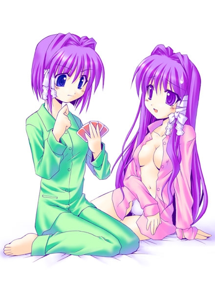 mizuna (water emp-tei), fujibayashi kyou, fujibayashi ryou, clannad, 00s, 2girls, barefoot, blue eyes, bottomless, card, green pants, hair ribbon, holding, holding card, multiple girls, open clothes, open shirt, pajamas, panties, pants, purple eyes, purple hair, ribbon, serious, shirt, siblings, sisters, sitting, sweatdrop, tress ribbon, twins, underwear, wariza, white background