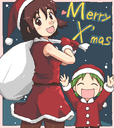 4040 (abonriya), ayase fuuka, koiwai yotsuba, yotsubato!, lowres, 2girls, border, brown eyes, brown hair, child, christmas, closed eyes, green hair, happy, hat, heart, looking at viewer, looking back, merry christmas, miniskirt, multiple girls, oekaki, open mouth, pantyhose, santa costume, santa hat, short hair, skirt, smile, snow, thick eyebrows, thighhighs