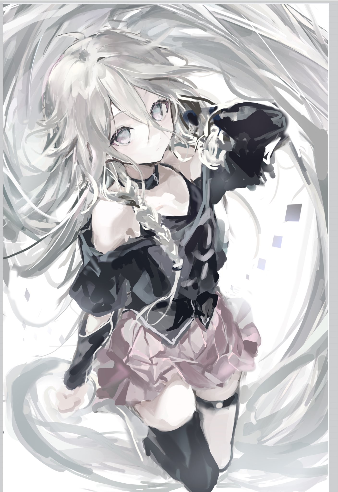 toqha3247, ia (vocaloid), vocaloid, highres, 1girl, ahoge, asymmetrical legwear, bare shoulders, blonde hair, blue eyes, braid, choker, hair between eyes, kneehighs, long hair, looking at viewer, multiple girls, off-shoulder shirt, off shoulder, pink hair, pink skirt, shirt, single kneehigh, single sock, single thighhigh, skirt, smile, socks, solo, thigh strap, thighhighs, twin braids, uneven legwear, very long hair