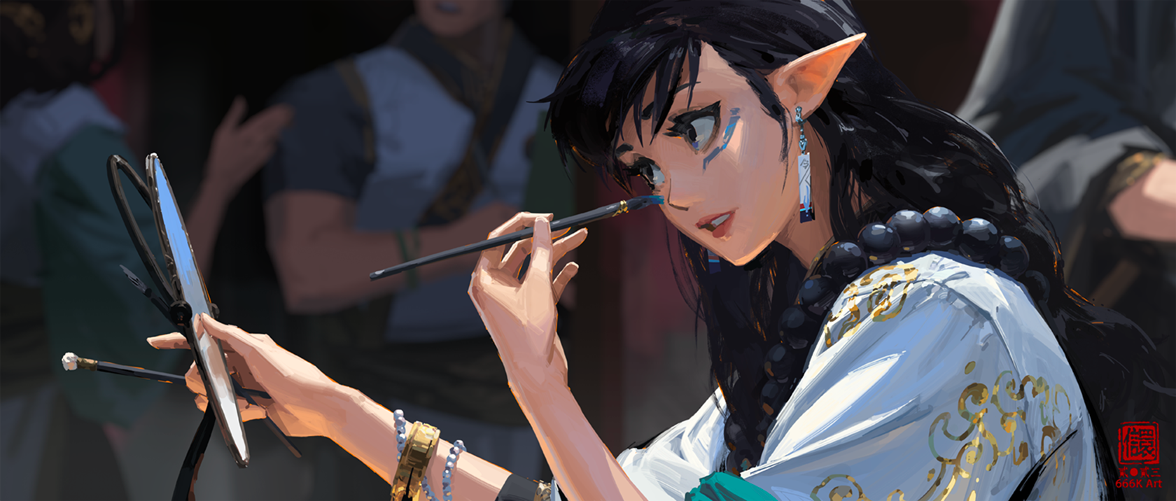 kan liu (666k), original, highres, 1girl, 3others, beads, black hair, blue eyes, blurry, blurry background, bracelet, chinese clothes, day, earrings, facepaint, hand up, holding, holding mirror, holding paintbrush, jewelry, lips, long hair, looking at mirror, mirror, multiple others, paintbrush, pointy ears, prayer beads, shadow, solo