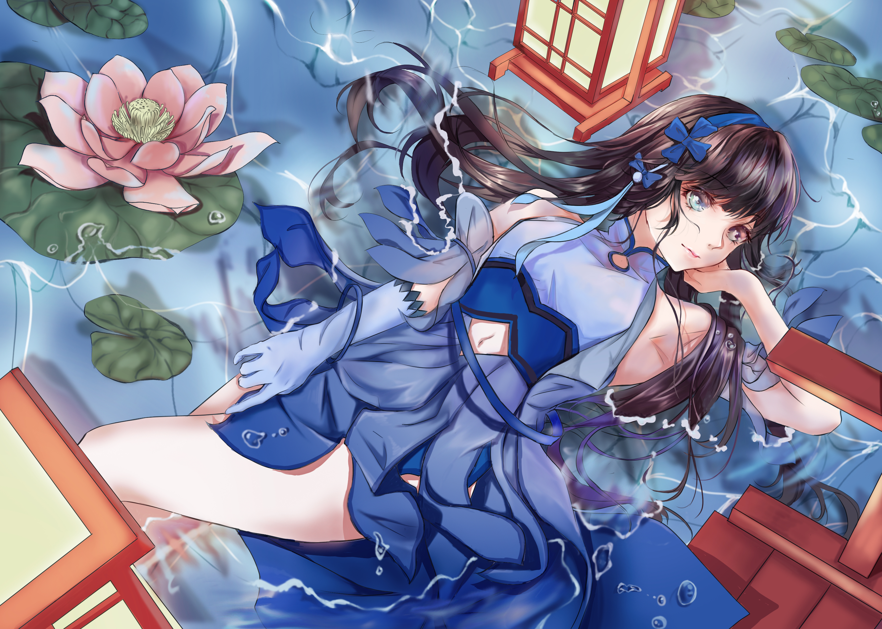 wangzhe rongyao, highres, 1girl, armpits, ass (pixiv 39703734), bare legs, bare shoulders, blue bow, blue dress, blue eyes, blue gloves, blue hairband, blue ribbon, blue sleeves, bow, brown hair, chinese clothes, clothing cutout, collared dress, detached sleeves, diamond cutout, dress, expressionless, eyelashes, feet out of frame, flower, gloves, hair bow, hair ribbon, hair spread out, hairband, hand on own cheek, hand on own face, lake, lantern, lily pad, lips, long dress, long hair, looking at viewer, lying, mandarin collar, navel, on back, on liquid, parted lips, partially submerged, pink flower, pleated dress, ribbon, see-through clothes, see-through sleeves, short sleeves, single glove, sleeveless, sleeveless dress, solo, stomach cutout, water drop, water lily flower, xi shi (wangzhe rongyao)