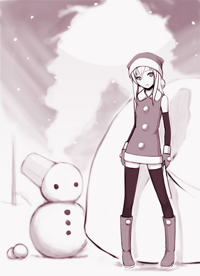 mamoru (arizona), original, 1girl, christmas, female focus, monochrome, pink theme, snowman, solo, thighhighs