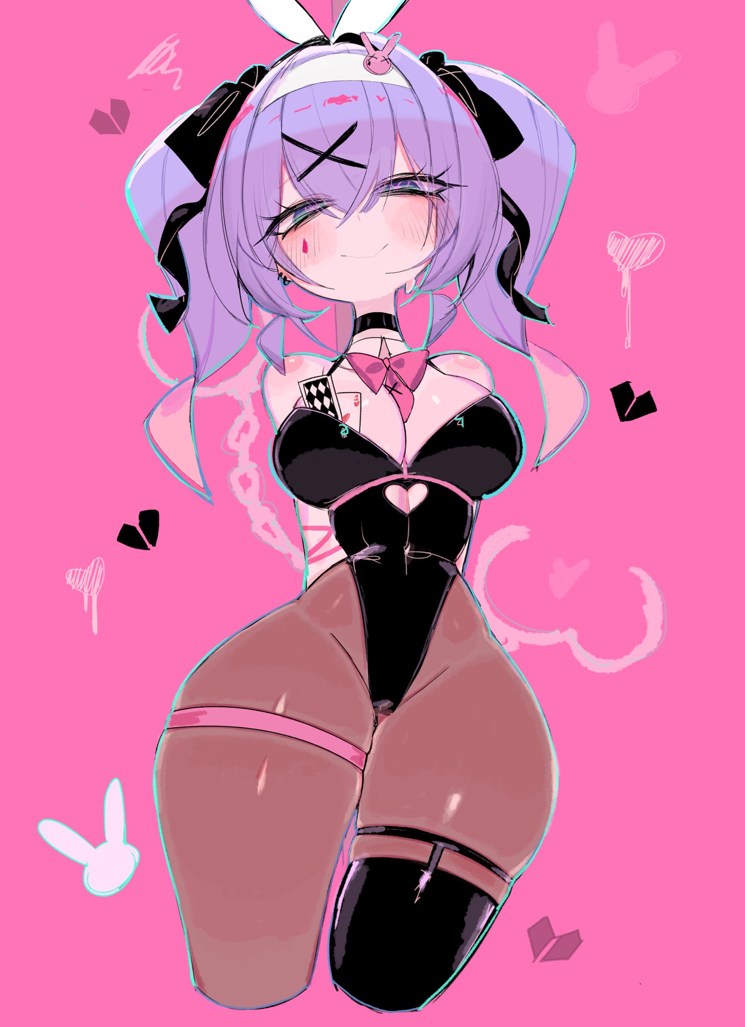 usa37107692, hatsune miku, rabbit hole (vocaloid), vocaloid, commentary, english commentary, highres, 1girl, ace (playing card), ace of hearts, animal ears, aqua eyes, arms behind back, black leotard, black pantyhose, blue hair, bow, bowtie, breasts, card, clothing cutout, cropped legs, cuffs, cutout above navel, fake animal ears, hair ornament, hairband, handcuffs, heart, heart cutout, highleg, highleg leotard, large breasts, leotard, object in bra, pantyhose, pink background, pink bow, pink bowtie, playboy bunny, playing card, rabbit ears, solo, teardrop facial mark, thighs, twintails, white hairband, x hair ornament