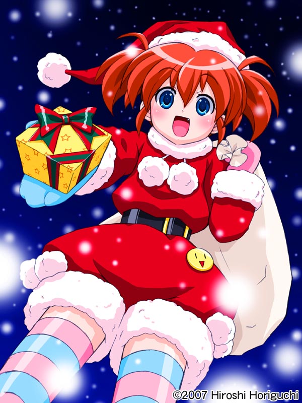horiguchi hiroshi, original, multicolored legwear, 1girl, blue eyes, christmas, fang, female focus, gift, hat, holding, holding gift, open mouth, orange hair, santa costume, santa hat, snowing, solo, striped clothes, striped thighhighs, thighhighs