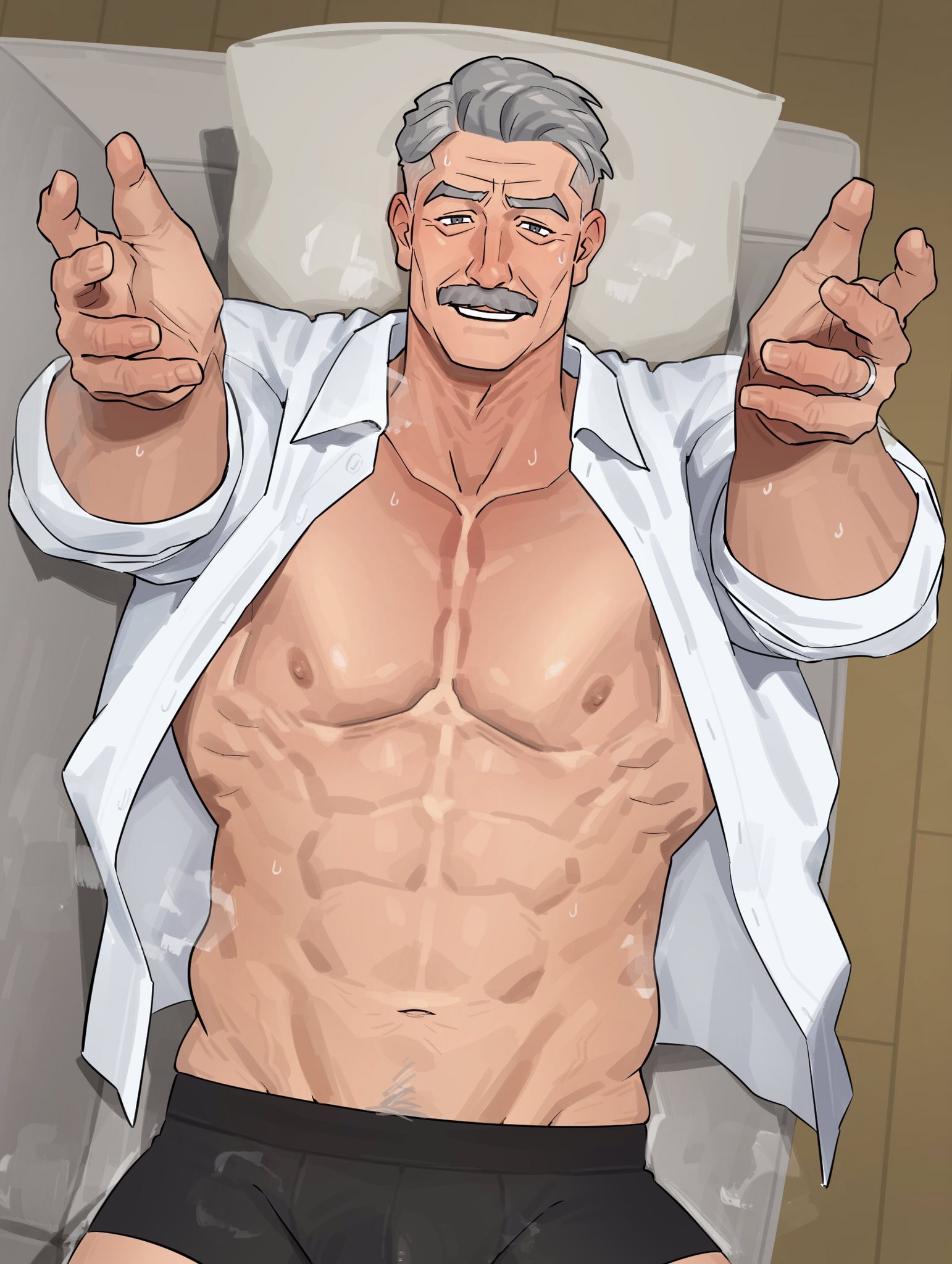 sa1k0p, original, commentary request, highres, 1boy, abs, bara, black male underwear, collarbone, collared shirt, couch, cowboy shot, facial hair, grey hair, groin, jewelry, looking at viewer, lying, male focus, male underwear, mature male, mustache, navel, old, old man, on back, open clothes, open shirt, outstretched arms, parted hair, pectorals, pillow, ring, shirt, short hair, smile, solo, teeth, underwear, wing collar