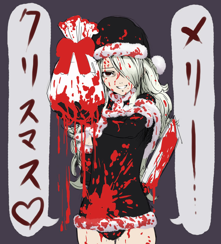 chyko, original, 1girl, black santa costume, blood, christmas, female focus, grey hair, grin, hat, heart, sack, santa costume, santa hat, smile, solo
