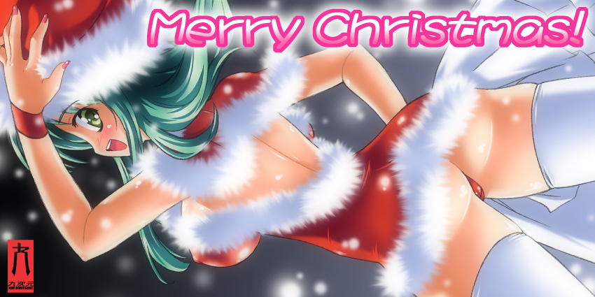kuzuryuu kennosuke, kuzuryuu kenosuke, original, 1girl, :d, ass, bare back, bare shoulders, christmas, dress, dutch angle, female focus, from behind, fur trim, hat, looking back, open mouth, profile, red dress, santa costume, santa hat, smile, solo, thighhighs, white thighhighs