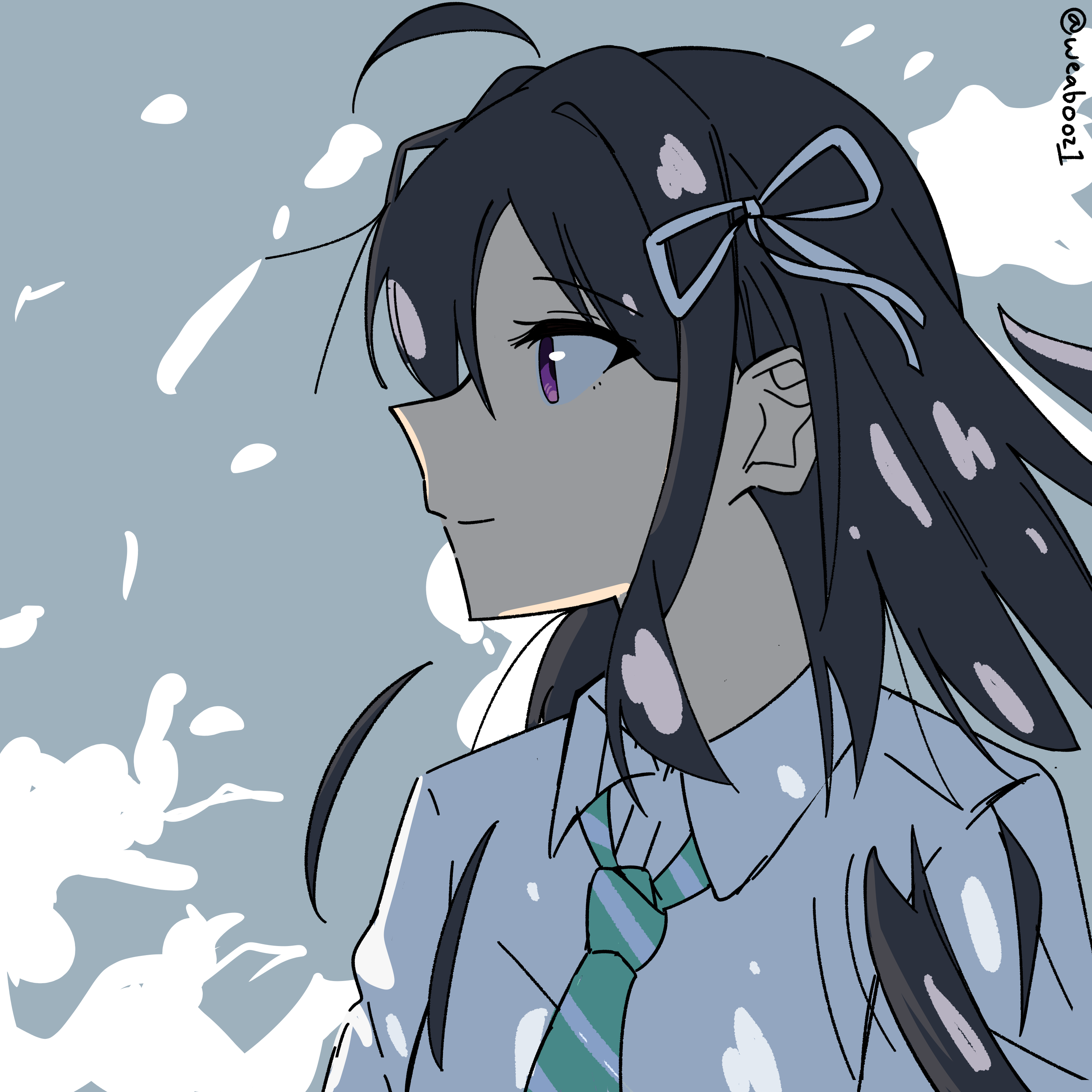 weabooz, awa subaru, girls band cry, absurdres, highres, 1girl, ahoge, black hair, dress shirt, green necktie, hair ribbon, long hair, long sleeves, necktie, purple eyes, ribbon, shirt, smile, solo, twitter username, upper body, white shirt