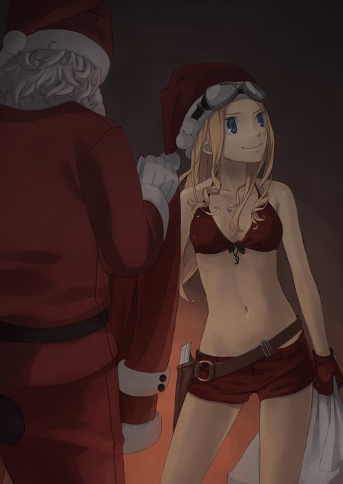 itsutsu, santa claus, original, bikini, bikini top only, blonde hair, blue eyes, christmas, santa costume, shorts, swimsuit