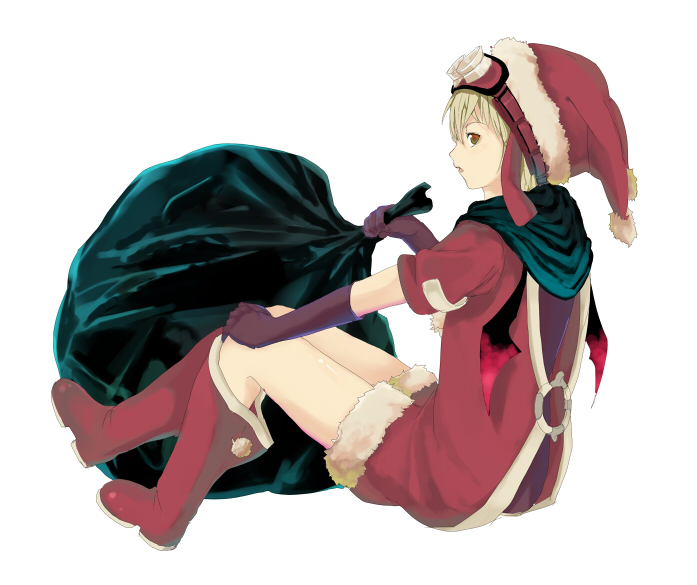 nik ibi, original, 1girl, bare legs, blonde hair, christmas, dress, elbow gloves, female focus, from side, full body, gloves, goggles, goggles on head, hat, purple gloves, red dress, sack, santa costume, santa hat, short sleeves, simple background, solo, white background