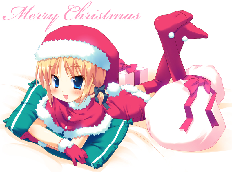 meito (maze), original, 1girl, child, christmas, feet, female focus, full body, lying, on stomach, santa costume, solo, the pose, thighhighs