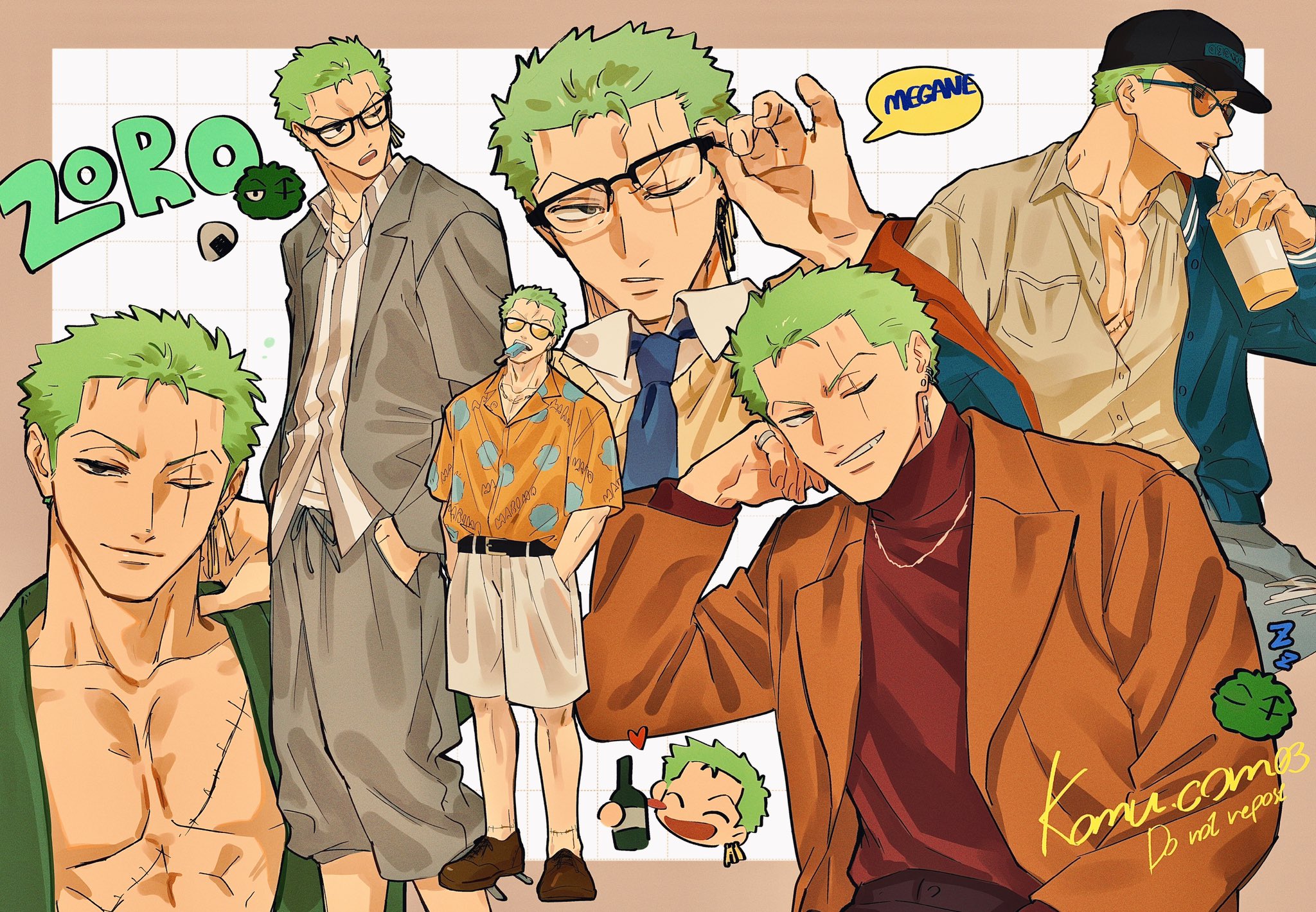 komucom03, roronoa zoro, one piece, hashtag-only commentary, highres, 1boy, alternate costume, baseball cap, belt, blue necktie, brown coat, brown shoes, character name, closed mouth, coat, collarbone, collared shirt, cup, drinking straw, earrings, food, food in mouth, full body, glasses, green hair, grey jacket, grey shorts, hands in pockets, hat, holding, holding cup, jacket, jewelry, male focus, multiple boys, multiple views, necktie, one eye closed, open clothes, open coat, open jacket, orange shirt, parted lips, pectorals, popsicle, scar, scar across eye, scar on chest, scar on face, shirt, shoes, short hair, shorts, smile, sunglasses, upper body