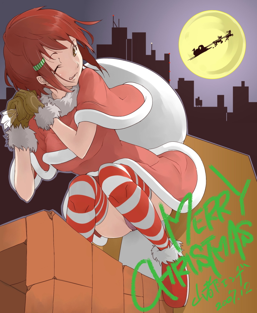 yamamoto enji, original, 1girl, christmas, female focus, santa costume, solo, striped clothes, striped thighhighs, thighhighs