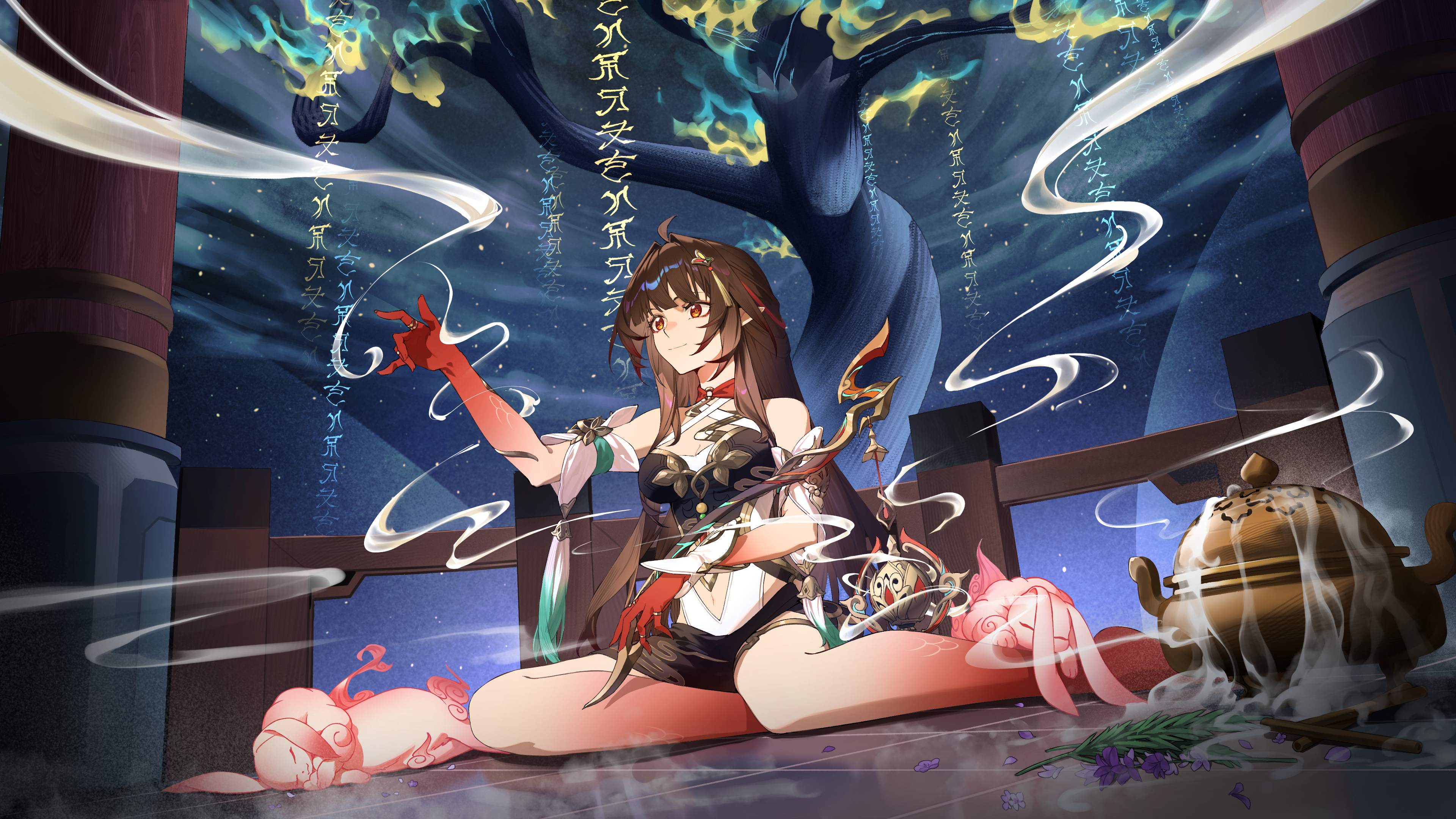 9 vcat, lingsha (honkai: star rail), honkai: star rail, honkai (series), absurdres, highres, 1girl, ahoge, bare shoulders, blunt bangs, brown hair, closed mouth, colored extremities, criss-cross halter, detached sleeves, dress, hair ornament, halterneck, incense burner, long hair, navel, on floor, pointy ears, rabbit, reaching, red eyes, red hands, sitting, smile, solo, tree, yokozuwari