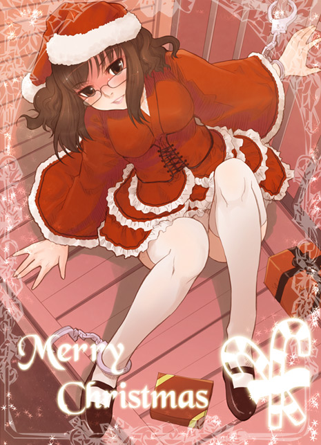 mk (mod0), original, 1girl, christmas, cuffs, female focus, glasses, handcuffs, legs, santa costume, solo, thighhighs, zettai ryouiki