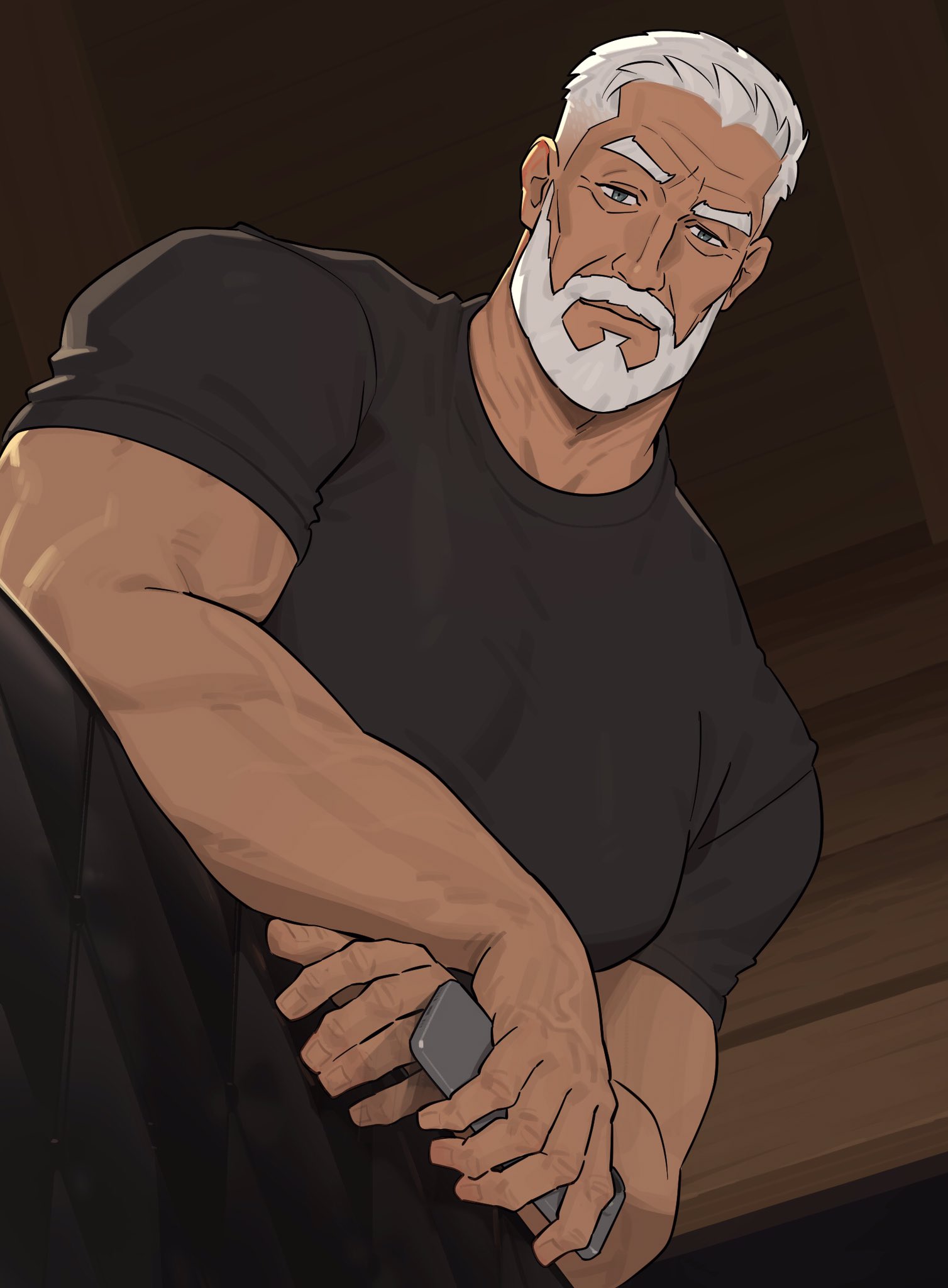 sa1k0p, original, commentary, highres, 1boy, beard, black pants, black shirt, blue eyes, broad shoulders, closed mouth, facial hair, holding, looking at viewer, male focus, mature male, muscular, muscular male, old, old man, pants, raised eyebrow, shirt, t-shirt, veins, veiny arms, white hair