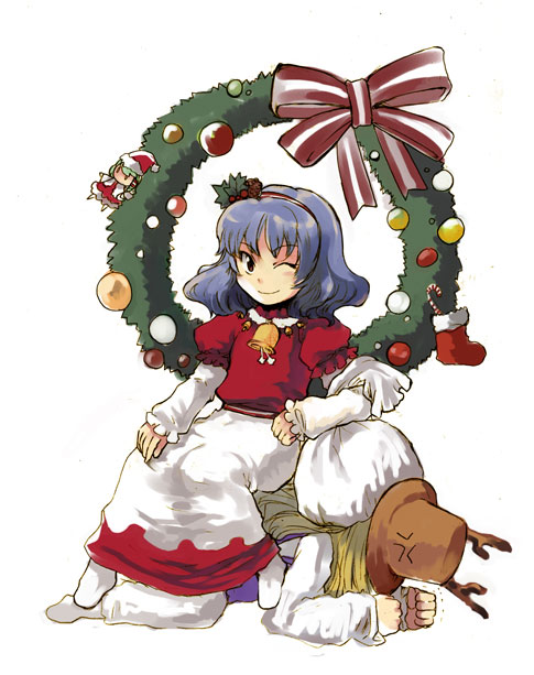 tako (plastic protein), moriya suwako, yasaka kanako, touhou, 2girls, alternate costume, anger vein, antlers, christmas, female focus, hat, horns, human chair, human furniture, multiple girls, one eye closed, sitting, sitting on person