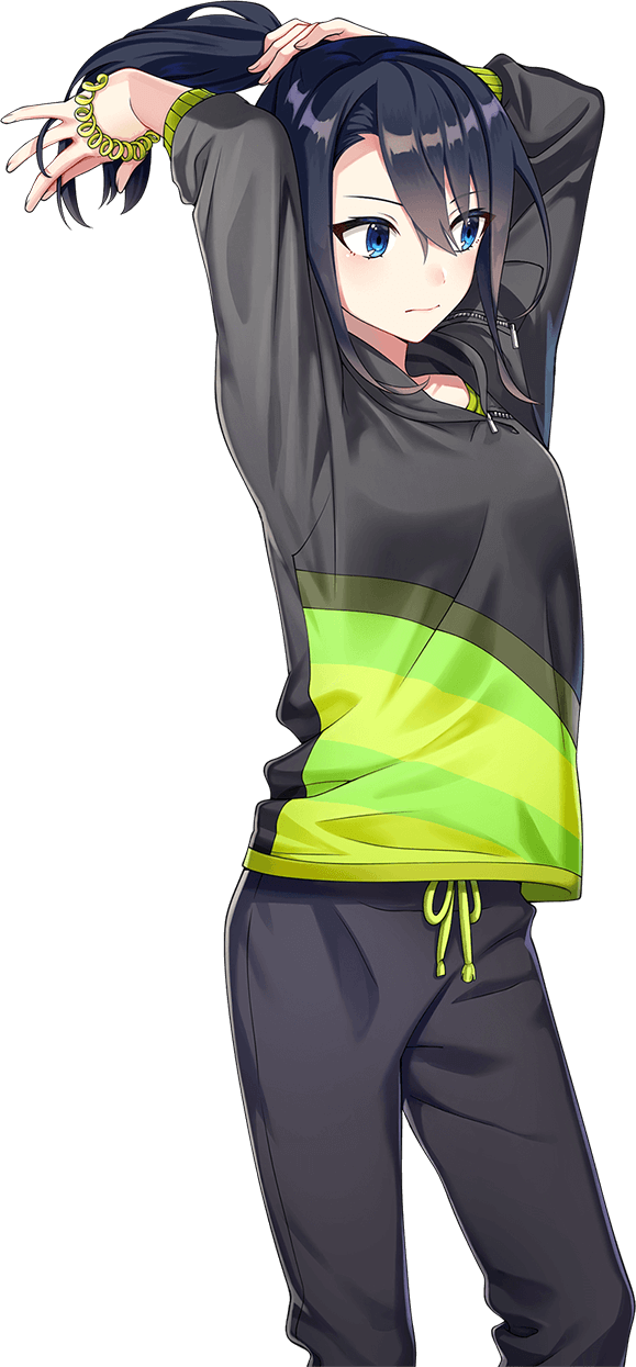 shirako miso, takatori maika, cue!, highres, official art, 1girl, anime coloring, arms up, black hair, black pants, black shirt, blue eyes, breasts, closed mouth, cowboy shot, hair between eyes, hand in own hair, holding, holding own hair, large breasts, long sleeves, pants, shirt, sidelocks, simple background, solo, standing, tachi-e, tented shirt, transparent background, v-shaped eyebrows