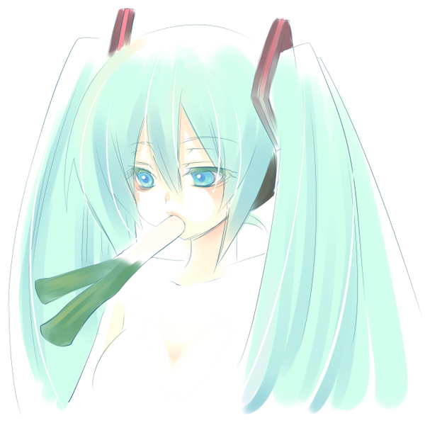 yukian, hatsune miku, vocaloid, 1girl, aqua hair, blue eyes, colored eyelashes, expressionless, eyelashes, female focus, mouth hold, sketch, solo, spring onion, topless frame, twintails, upper body