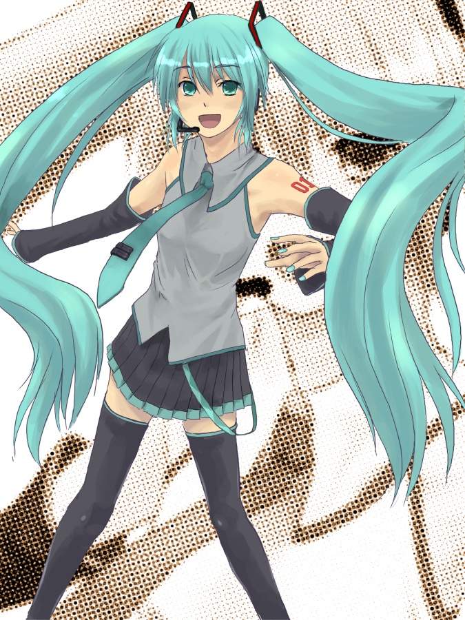 ikko, hatsune miku, vocaloid, 1girl, aqua hair, female focus, long hair, solo, thighhighs, twintails, very long hair