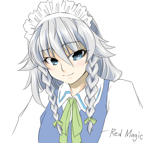 tajima yuuki, izayoi sakuya, touhou, silver hair, lowres, 1girl, blue eyes, braid, female focus, maid, maid headdress, simple background, solo, twin braids, upper body, white background