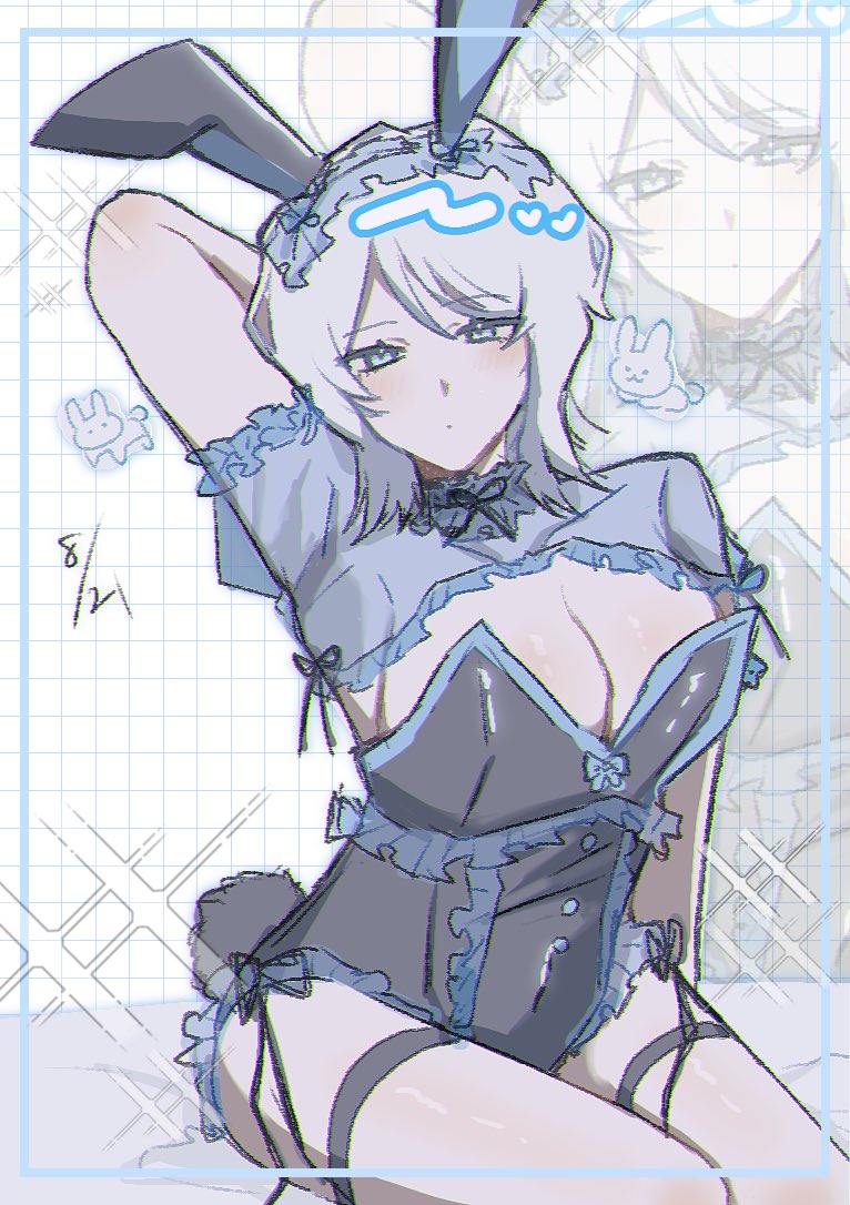 faust (project moon), limbus company, project moon, 0 666, 1girl, alternate costume, animal ear hairband, animal ears, black leotard, black ribbon, blue border, blue eyes, blue shrug, border, breasts, cleavage, closed mouth, covered navel, fake animal ears, frilled hairband, frills, hairband, large breasts, leotard, looking at viewer, playboy bunny, rabbit ear hairband, rabbit ears, rabbit tail, ribbon, see-through shrug, short hair, simple background, sitting, solo, strapless, strapless leotard, tail, upper body, white background, white hair
