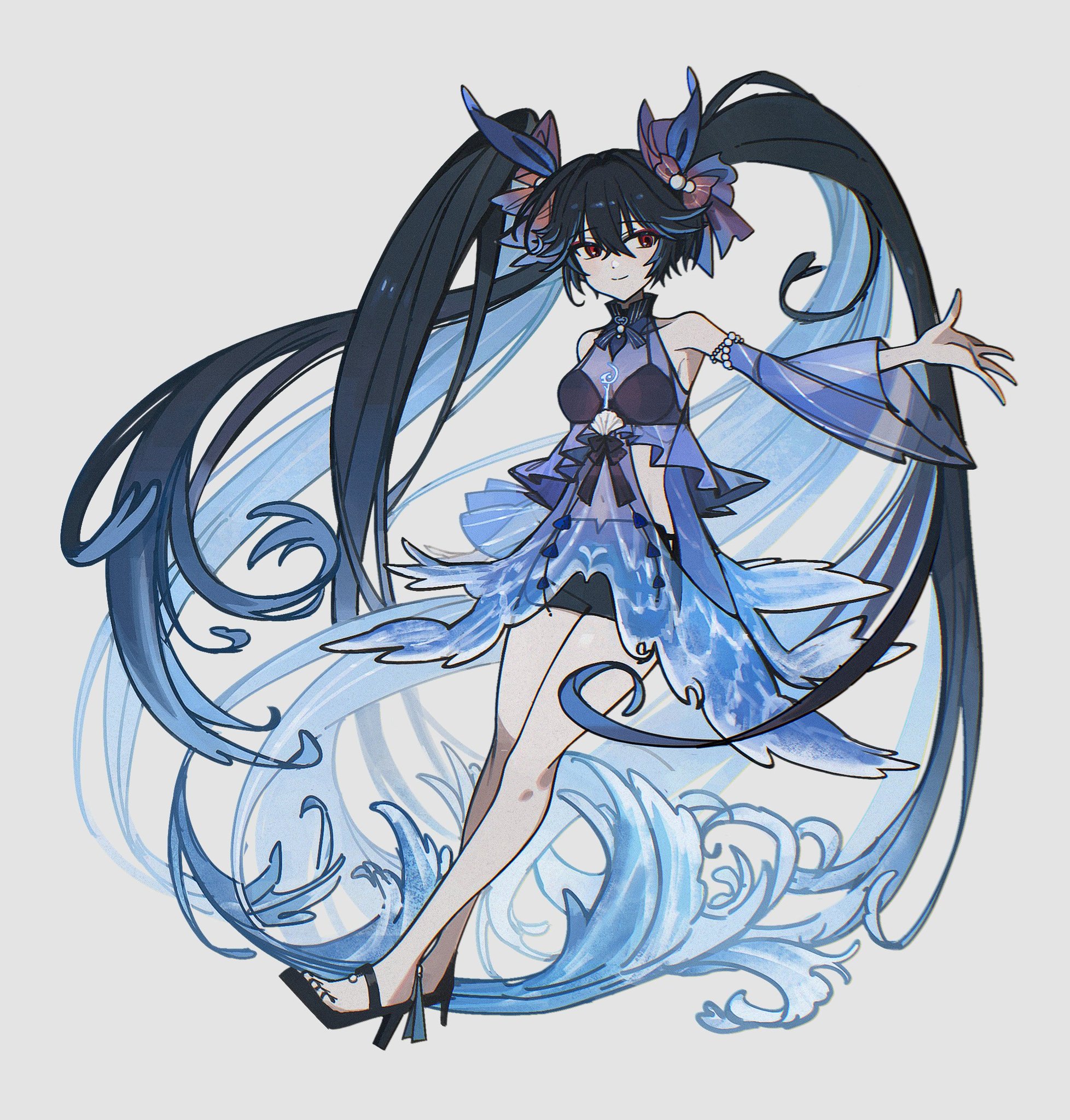 ar at001, lucia: pyroath (pgr), lucia (pgr), punishing: gray raven, highres, 1girl, absurdly long hair, aqua hair, black bra, black hair, black shorts, blue dress, blue hair, blue sleeves, bra, colored inner hair, detached sleeves, dress, full body, gradient hair, hair between eyes, long hair, multicolored hair, red eyes, see-through clothes, see-through dress, see-through sleeves, shorts, solo, twintails, underwear, very long hair