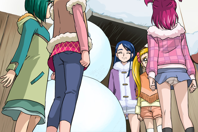 haruyama kazunori, akimoto komachi, kasugano urara (yes! precure 5), minazuki karen, natsuki rin, yumehara nozomi, precure, yes! precure 5, 00s, 5girls, blonde hair, blue hair, capri pants, coat, green eyes, green hair, kneehighs, miniskirt, multiple girls, panties, pants, pantyshot, pink hair, poncho, shorts, skirt, smile, snow, snowman, socks, thighhighs, underwear, upskirt, winter clothes, yellow eyes