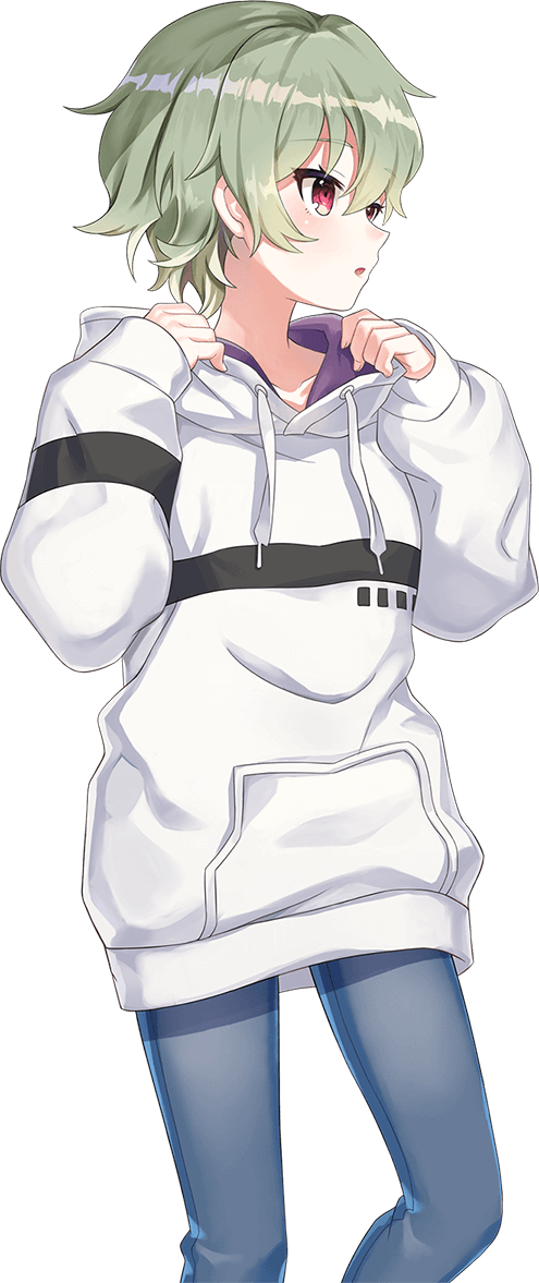 shirako miso, kano shiho, cue!, official art, 1girl, :o, blue pants, breasts, cowboy shot, denim, green hair, hair between eyes, hands up, hood, hood down, hoodie, long sleeves, open mouth, pants, red eyes, short hair, sidelocks, simple background, small breasts, solo, standing, tachi-e, transparent background, tsurime, wavy hair, white hood, white hoodie