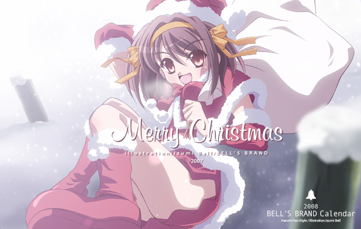 izumi bell, suzumiya haruhi, suzumiya haruhi no yuuutsu, 00s, 1girl, :d, arm warmers, brown hair, capelet, christmas, dress, female focus, fur trim, hat, looking at viewer, open mouth, red dress, red eyes, sack, santa costume, santa hat, short hair, smile, snow, snowing, solo