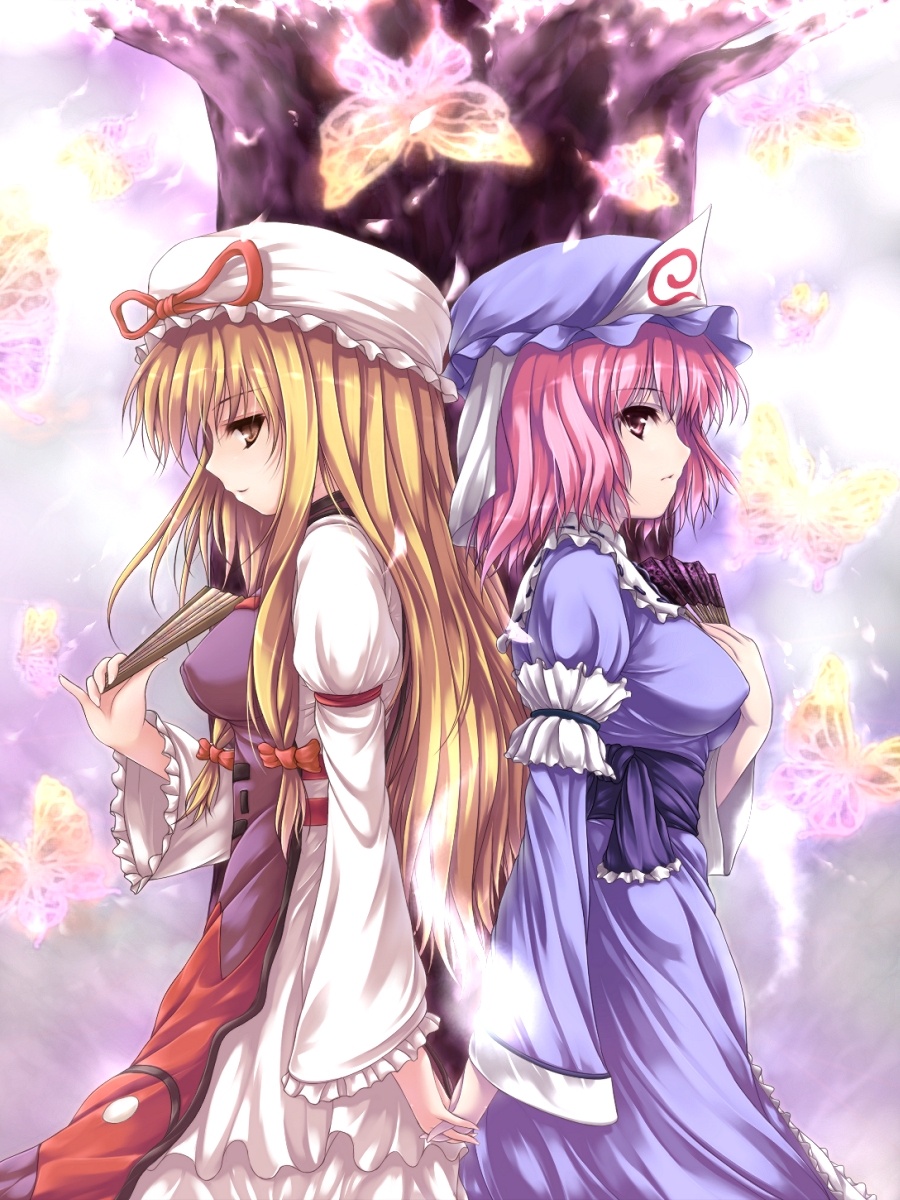 uni8, saigyouji yuyuko, yakumo yukari, touhou, highres, 2girls, back-to-back, blonde hair, breasts, bug, butterfly, covered erect nipples, female focus, hat, holding hands, long hair, multiple girls, pink hair, ribbon, short hair