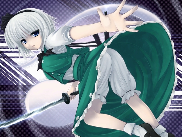 uni8, konpaku youmu, konpaku youmu (ghost), touhou, 1girl, ass, black hairband, bloomers, blue eyes, blush, bobby socks, dress, female focus, food, from behind, fruit, green dress, hairband, hitodama, holding, holding food, holding fruit, katana, looking at viewer, short hair, socks, solo, sword, underwear, unsheathed, upskirt, weapon, white bloomers, white hair