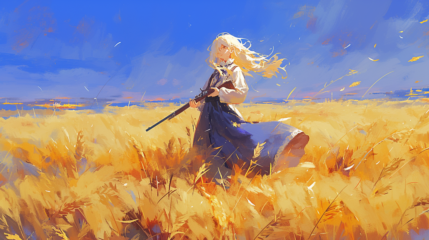 mk103781220, original, 1girl, blonde hair, blue shirt, blue skirt, blue sky, clothes lift, day, dress, field, floating hair, grass, gun, hair over one eye, holding, holding weapon, impasto, long hair, long skirt, long sleeves, looking up, nature, outdoors, rifle, scenery, shadow, shirt, skirt, skirt lift, sky, solo, standing, sunlight, water, weapon, wheat field, wind