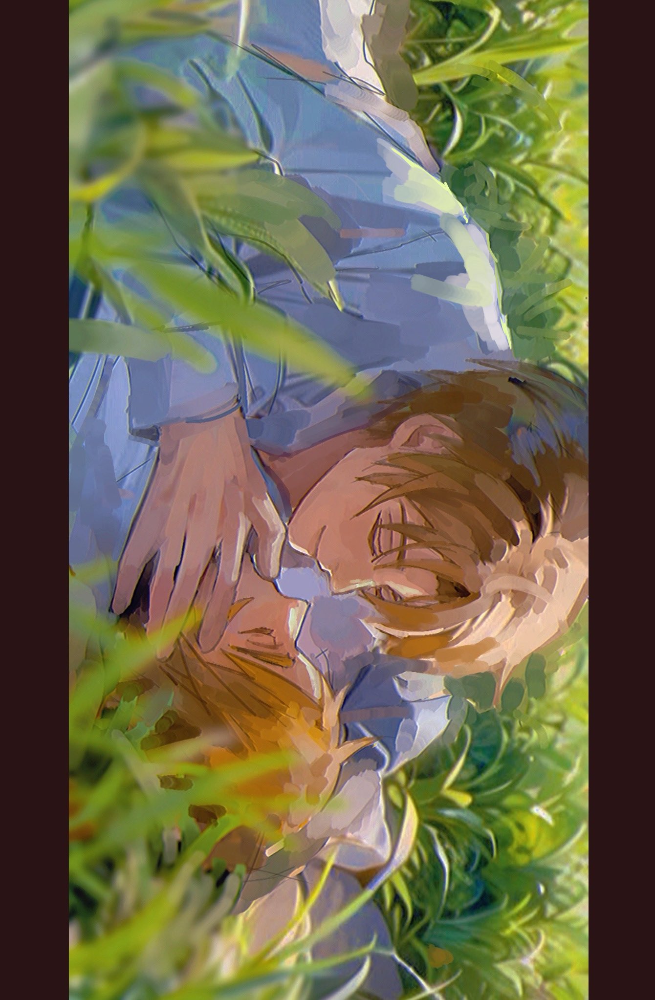 en llll, america (hetalia), united kingdom (hetalia), axis powers hetalia, commentary, highres, 2boys, blonde hair, closed eyes, field, grass, hair behind ear, hand on another's face, kiss, letterboxed, long sleeves, lying, male focus, multiple boys, no eyewear, on back, outdoors, shirt, short hair, smile, white shirt, yaoi