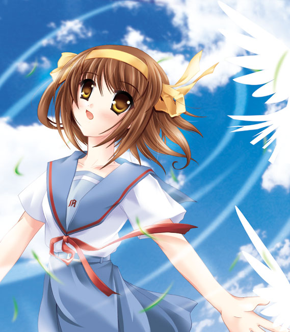 suzumiya haruhi, suzumiya haruhi no yuuutsu, 00s, 1girl, :o, blue skirt, blush, brown hair, cloud, collarbone, day, female focus, open mouth, outstretched arms, red ribbon, ribbon, sailor collar, school uniform, serafuku, shirt, skirt, solo, white shirt, wings