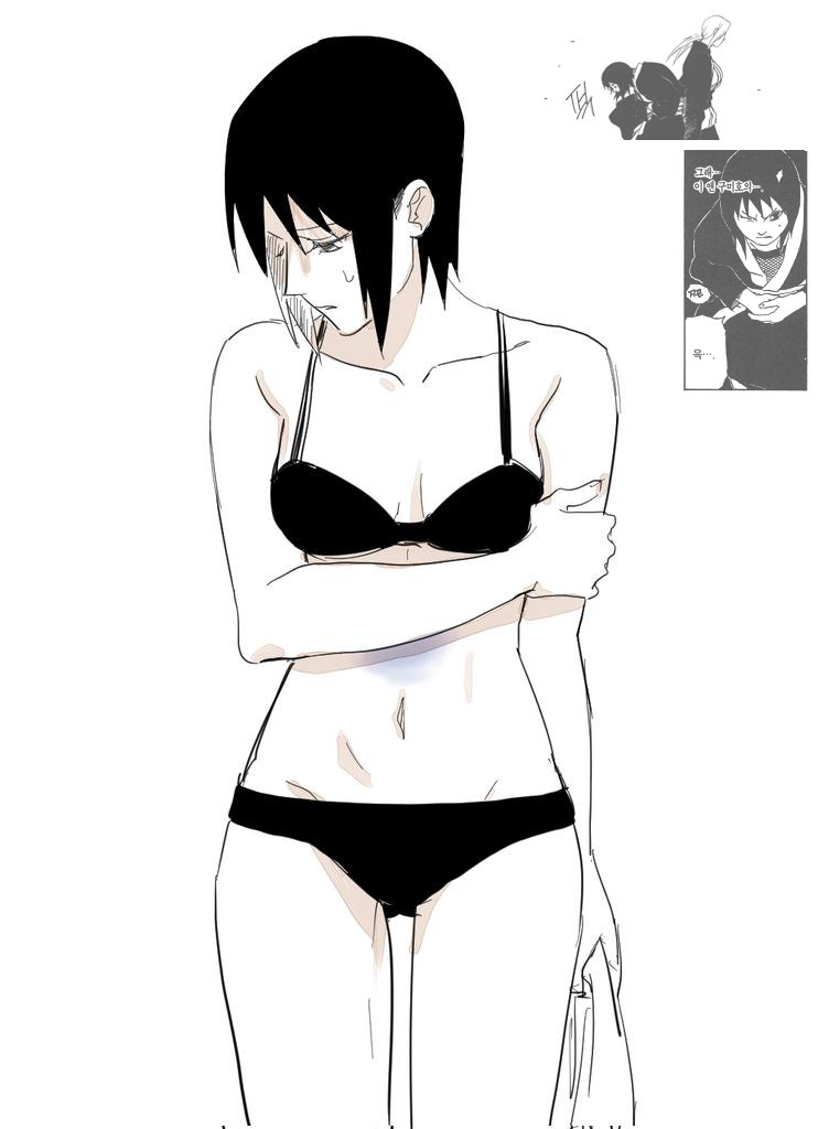 may c, shizune (naruto), tsunade (naruto), naruto (series), commentary request, corrupted twitter file, korean commentary, 2girls, bra, breasts, bruise, bruise on stomach, cleavage, comic panel inset, gluteal fold, greyscale, holding, injury, looking down, medium breasts, monochrome, multiple girls, navel, panties, solo focus, sweatdrop, underwear