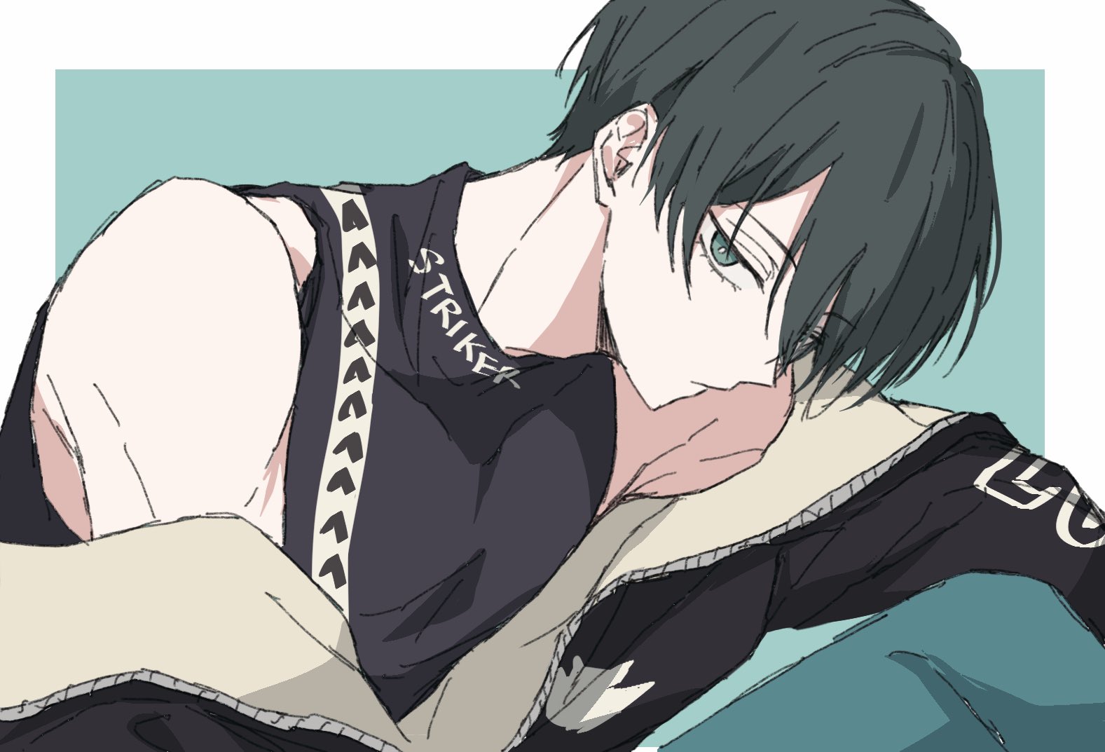 mmuurrii1010, itoshi rin, blue lock, commentary request, korean commentary, 1boy, :/, bare shoulders, black hair, blue eyes, blue pants, closed mouth, denim, jacket, jacket partially removed, jeans, lower eyelashes only, male focus, pants, parted bangs, shirt, short hair, skin tight, sleeveless, sleeveless shirt, solo