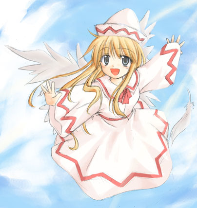 izana, izana minagi, lily white, touhou, eyebrows, lowres, 1girl, :d, angel wings, blonde hair, blue eyes, blush, bow, bowtie, collar, dress, female focus, flying, hat, long sleeves, looking at viewer, open mouth, red bow, red bowtie, smile, solo, tate eboshi, white dress, wings