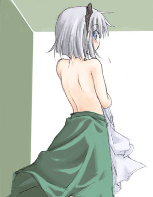 izana, izana minagi, konpaku youmu, touhou, silver hair, lowres, 1girl, back, blue eyes, female focus, hairband, looking back, short hair, skirt, solo, topless female, undressing