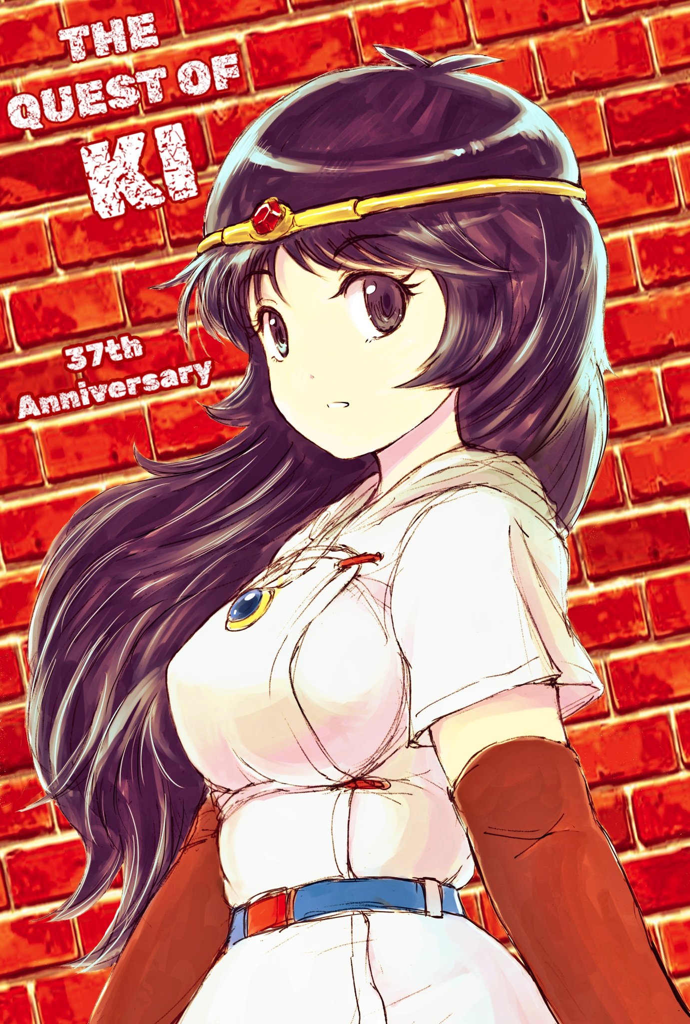 heika (heikahp), ki (druaga), druaga no tou, commentary request, highres, 1girl, anniversary, belt, black eyes, black hair, blue belt, breasts, brick wall, brown gloves, circlet, copyright name, dress, elbow gloves, gloves, jewelry, long hair, looking at viewer, medium breasts, necklace, parted lips, short sleeves, smile, solo, tight clothes, tight dress, upper body, white dress