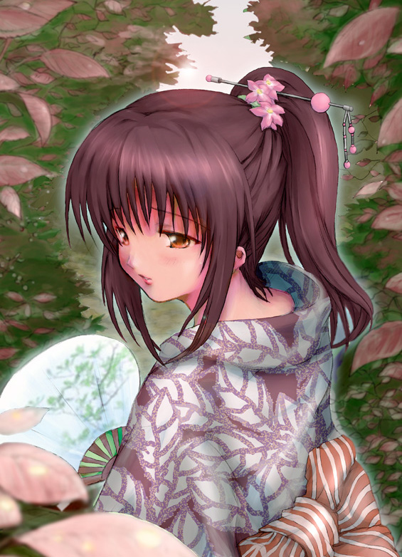 kashi, brown eyes, brown hair, hair ornament, hand fan, japanese clothes, kimono, leaf, lipstick, makeup, nature, paper fan, ponytail, uchiwa