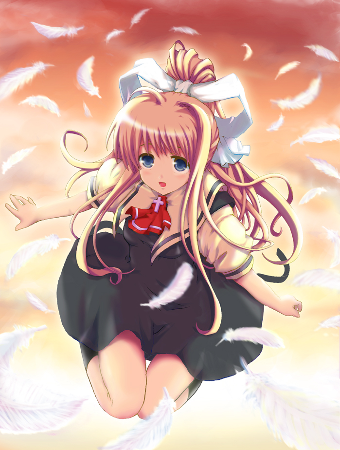 kashi, kamio misuzu, air (visual novel), 00s, 1girl, blonde hair, blue eyes, bow, bowtie, feathers, female focus, flying, full body, hair ribbon, long hair, looking at viewer, looking back, outstretched arms, ponytail, red bow, red bowtie, red hair, ribbon, sidelocks, solo, very long hair, white ribbon