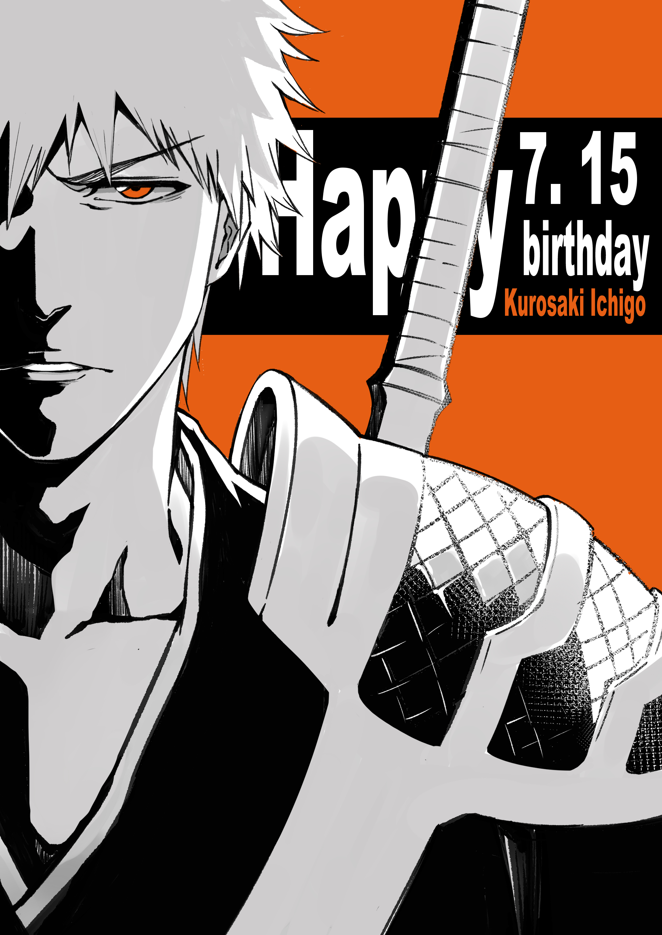 shaolong, kurosaki ichigo, bleach, absurdres, commentary, english commentary, highres, 1boy, armor, black kimono, character name, collarbone, dated, frown, greyscale, greyscale with colored background, happy birthday, japanese clothes, kimono, looking at viewer, male focus, monochrome, orange background, orange eyes, parted lips, short hair, shoulder armor, sidelighting, simple background, solo, spiked hair, tsurime, upper body, v-shaped eyebrows
