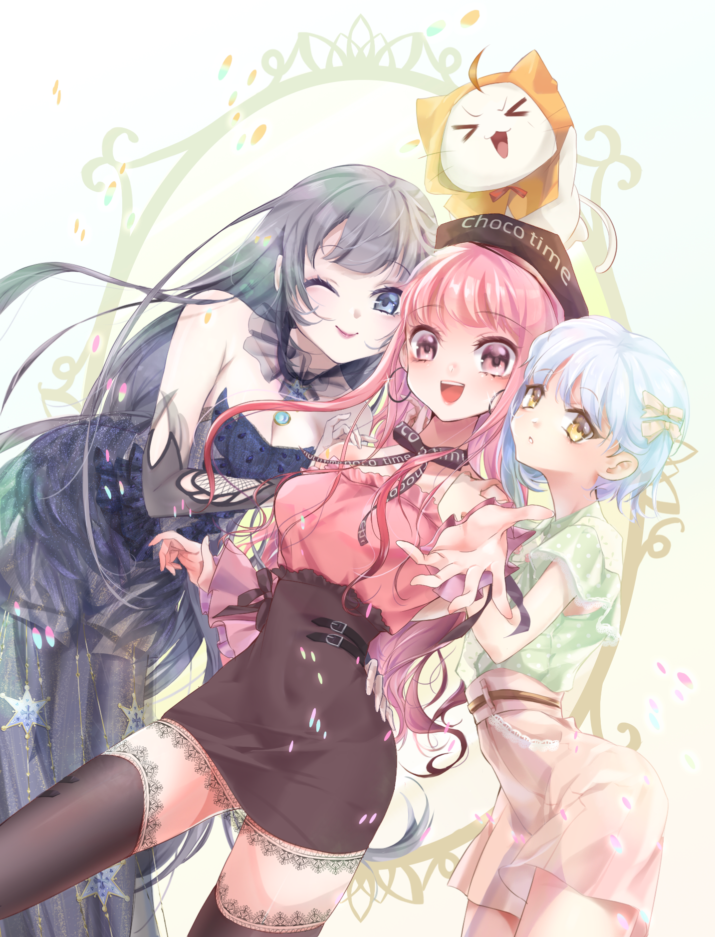 fangwan, lilith (shining nikki), momo (nikki), nikki (nikki), nikki (series), shining nikki, highres, > <, 3girls, abyss of stars (shining nikki), ahoge, animal, animal on head, arm cutout, bare shoulders, beanie, belt, belt buckle, belted skirt, black belt, black choker, black dress, black gloves, black hair, black thighhighs, blue eyes, blunt bangs, bow, bowtie, brown belt, brown bow, brown bowtie, brown eyes, brown hat, brown skirt, buckle, cat, choco time (shining nikki), choker, cloak, closed mouth, clothed animal, clothes writing, clothing cutout, cowboy shot, dot nose, dress, ear covers, elbow gloves, expressionless, eyelashes, eyeshadow, fishnets, frilled choker, frilled shirt, frilled skirt, frilled sleeves, frills, garden of dew (shining nikki), gloves, green background, green shirt, hair bow, happy, hat, heads together, high-waist skirt, hood, hood up, hooded cloak, lace, lace-trimmed skirt, lace-trimmed thighhighs, lace trim, light blush, light particles, lipstick, long dress, long hair, long sleeves, looking at viewer, makeup, miniskirt, multiple girls, off-shoulder shirt, off shoulder, offering hand, on head, open mouth, outstretched hand, parted lips, pencil skirt, picture frame, pink eyeshadow, pink hair, pink lips, pink shirt, pink skirt, red bow, red bowtie, shirt, short hair, sidelocks, single sidelock, skirt, smile, standing, strapless, strapless dress, tareme, teeth, thighhighs, tsurime, upper teeth only, very long hair, wavy hair, whiskers, white cat, white hair, yellow bow, yellow cloak, yellow eyes, yexiao (shining nikki), zettai ryouiki