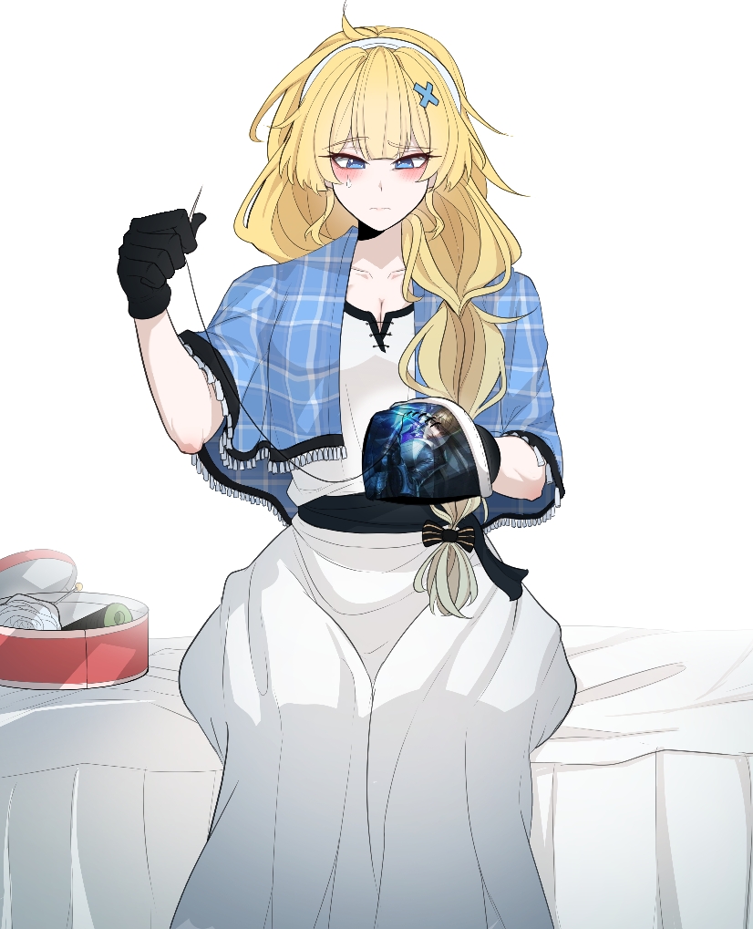 nort muhehehe, phoebe (wuthering waves), wuthering waves, commentary, english commentary, 1girl, aged up, bed, black gloves, blush, breasts, cleavage, closed mouth, collarbone, dress, gloves, hair ornament, hairband, holding, holding underwear, holding unworn clothes, large breasts, on bed, sewing, sewing kit, sitting, solo, sweatdrop, underwear, white dress, white hairband, x hair ornament