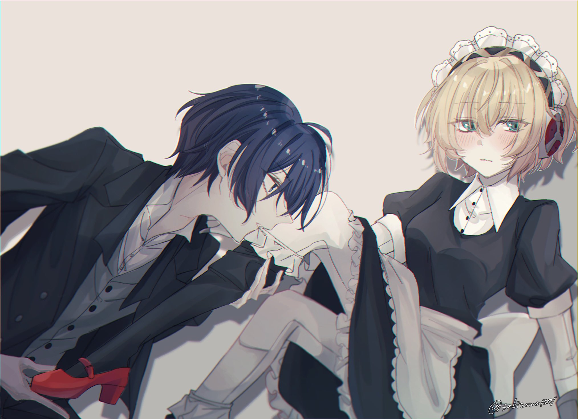 sakizome1001, aigis (persona), yuuki makoto (persona 3), persona, persona 3, commentary request, highres, 1boy, 1girl, ahoge, alternate costume, apron, aqua eyes, back bow, biting, biting clothes, black dress, black jacket, black socks, black thighhighs, block heels, blonde hair, blue hair, blush, bow, butler, cream background, double-parted bangs, dress, dress shirt, foot out of frame, frilled dress, frilled socks, frilled thighhighs, frills, full body, hair between eyes, hand on another's leg, hetero, holding another's foot, jacket, knees up, looking at viewer, maid, maid apron, maid headdress, mechanical arms, mechanical legs, red shoes, removing thighhigh, robot ears, robot girl, shadow, shirt, shoes, short hair, simple background, single thighhigh, sitting, socks, thighhighs, twitter username, upper body, white apron, white bow, white shirt