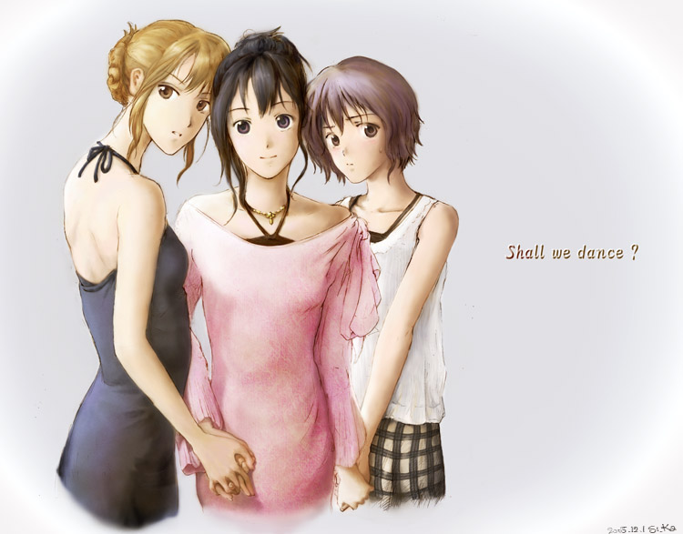shiika sadamasa, 3girls, bare shoulders, black eyes, black hair, blonde hair, brown eyes, dress, english text, jewelry, multiple girls, necklace, short hair, tank top